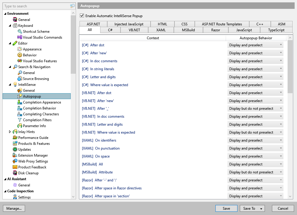 ReSharper options: Environment | IntelliSense | Autopopup