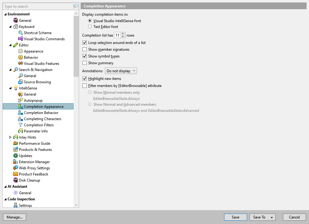 ReSharper options: Environment | IntelliSense | Completion Appearance