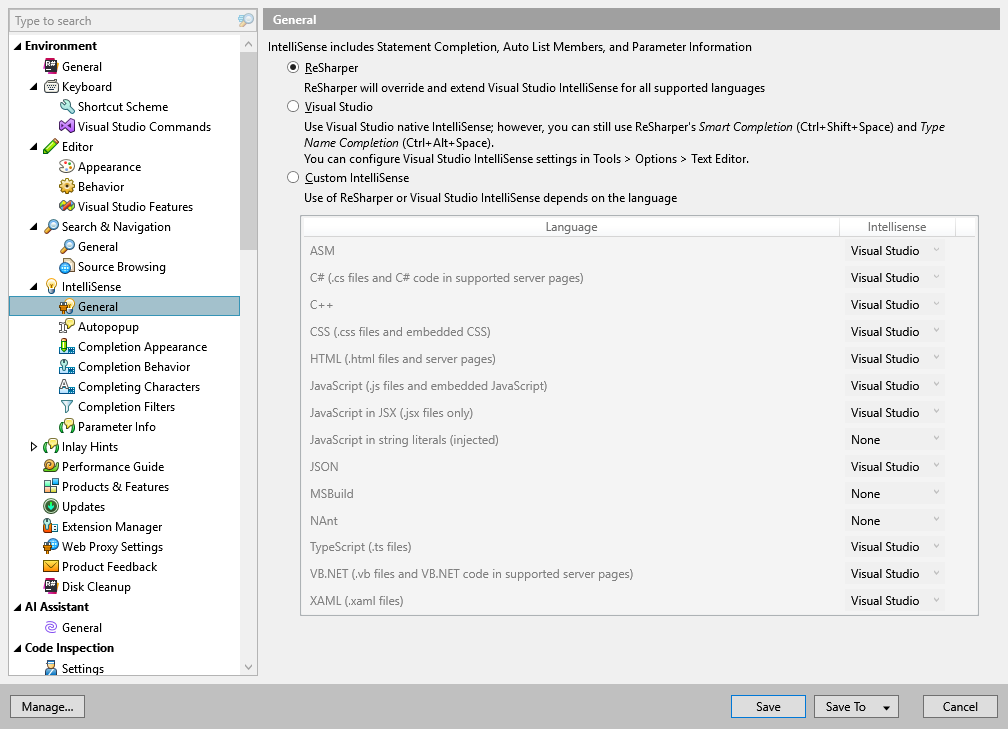 ReSharper options: Environment | IntelliSense | General