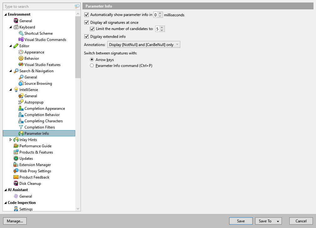 ReSharper options: Environment | IntelliSense | Parameter Info