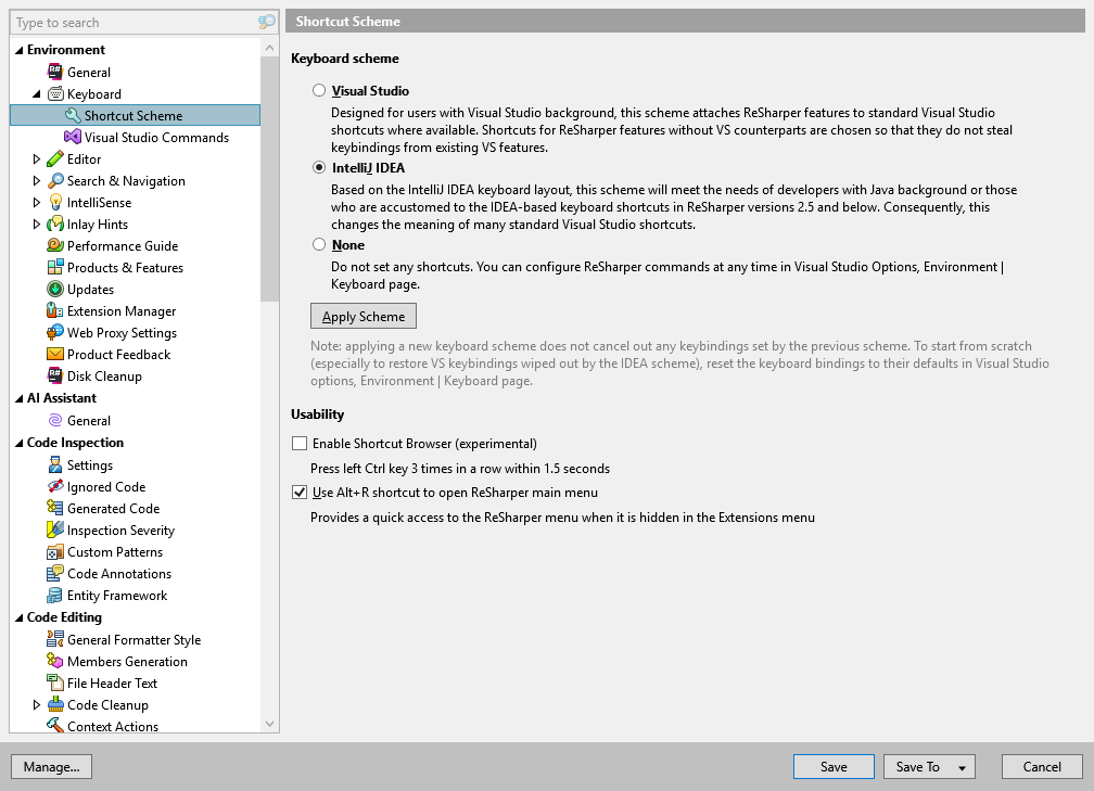 ReSharper options: Environment | Keyboard | Shortcuts Scheme