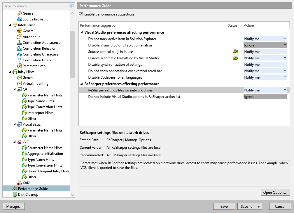 ReSharper options: Environment | Performance Guide