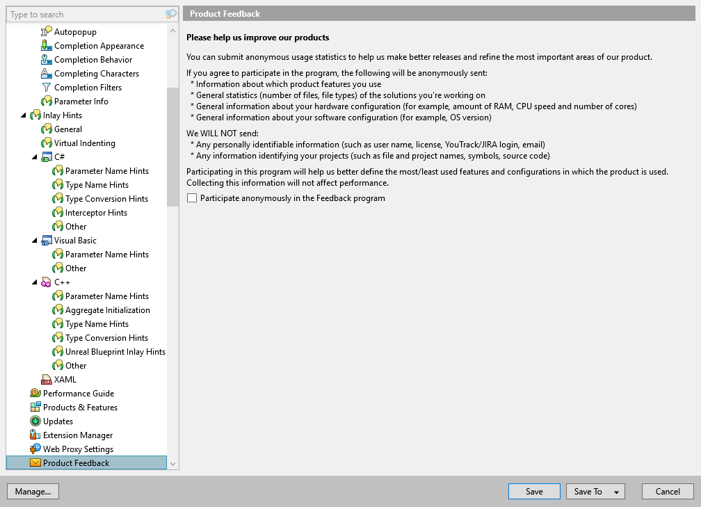 ReSharper options: Environment | Product Feedback