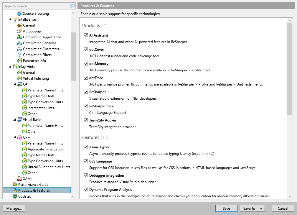 ReSharper options: Environment | Products & Features