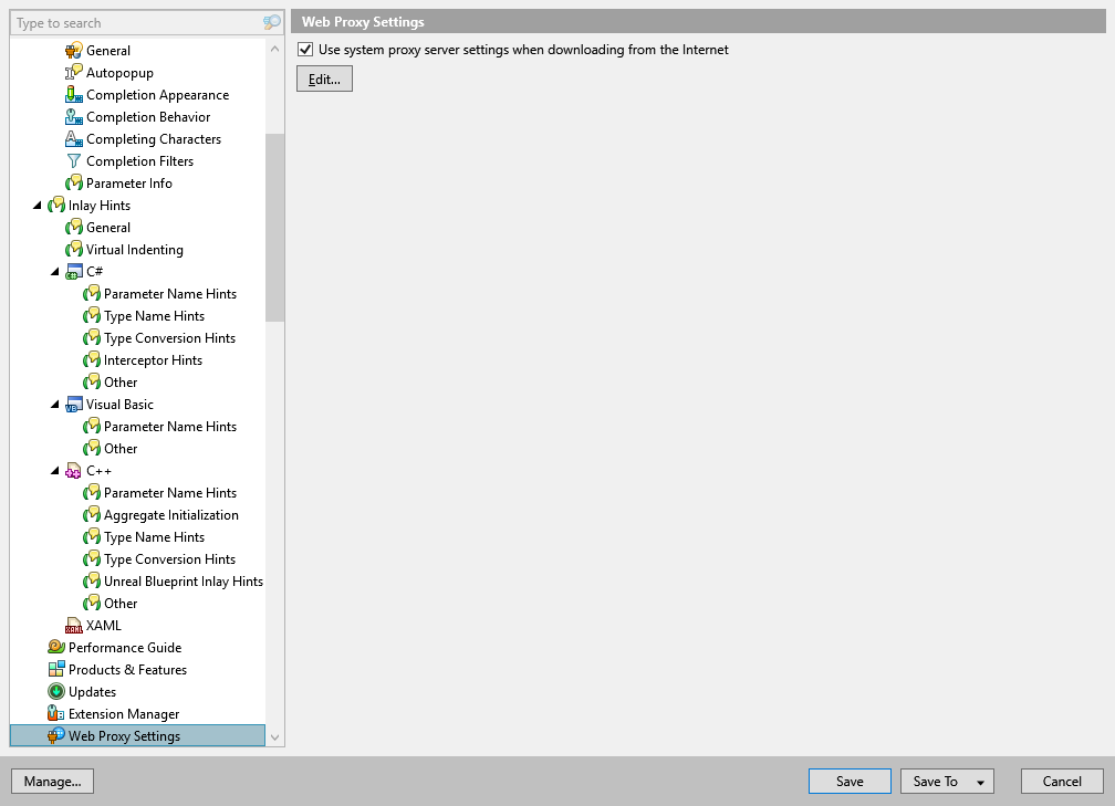 ReSharper options: Environment | Web Proxy Settings