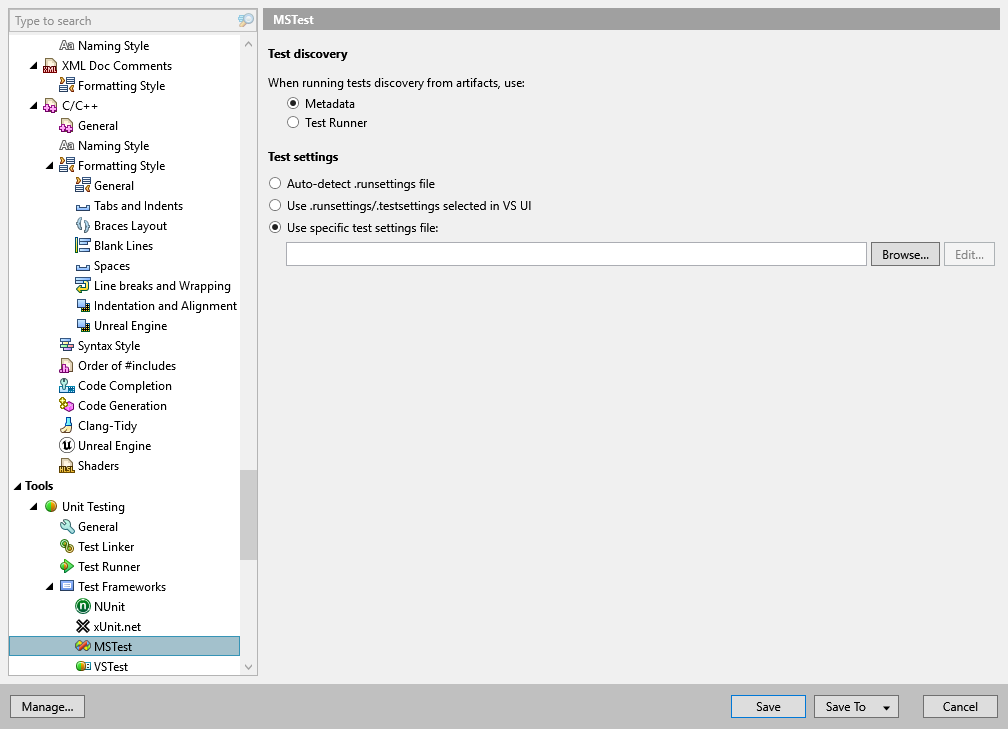 dotCover options: Tools | Unit Testing | Test Frameworks | MSTest