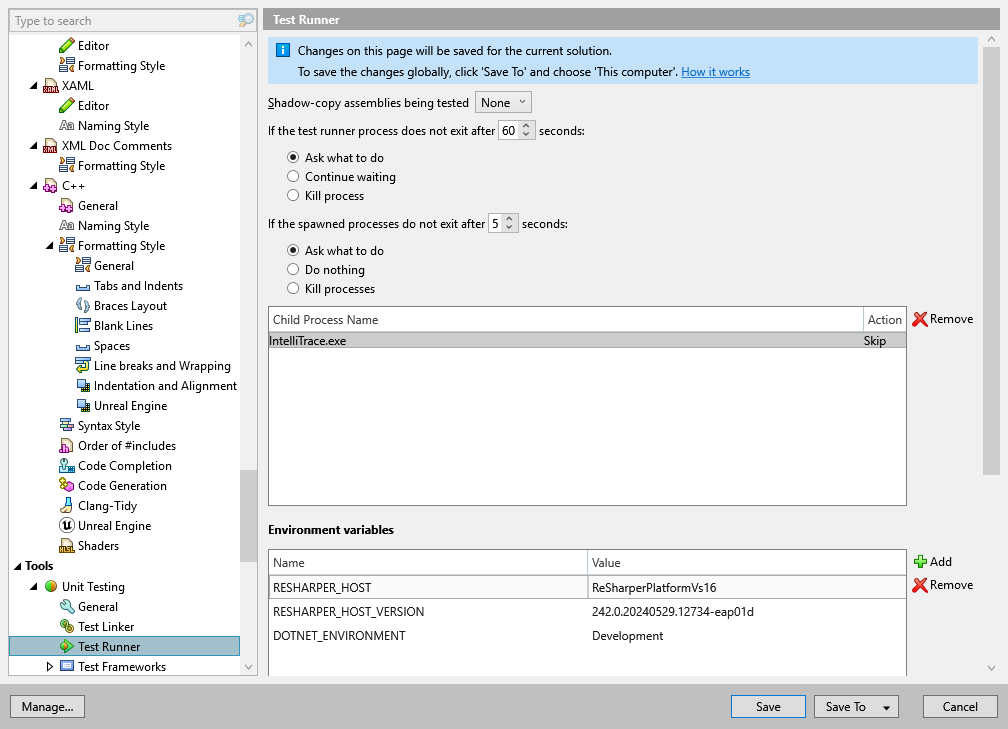 dotCover options: Tools | Unit Testing | Test Runner