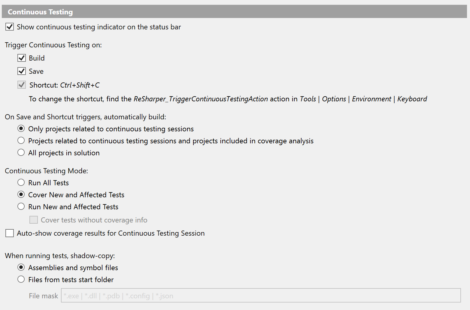 Continuous testing settings