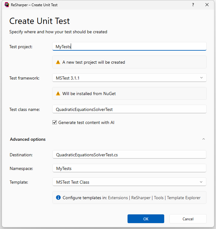 ReSharper: Create Unit Test dialog