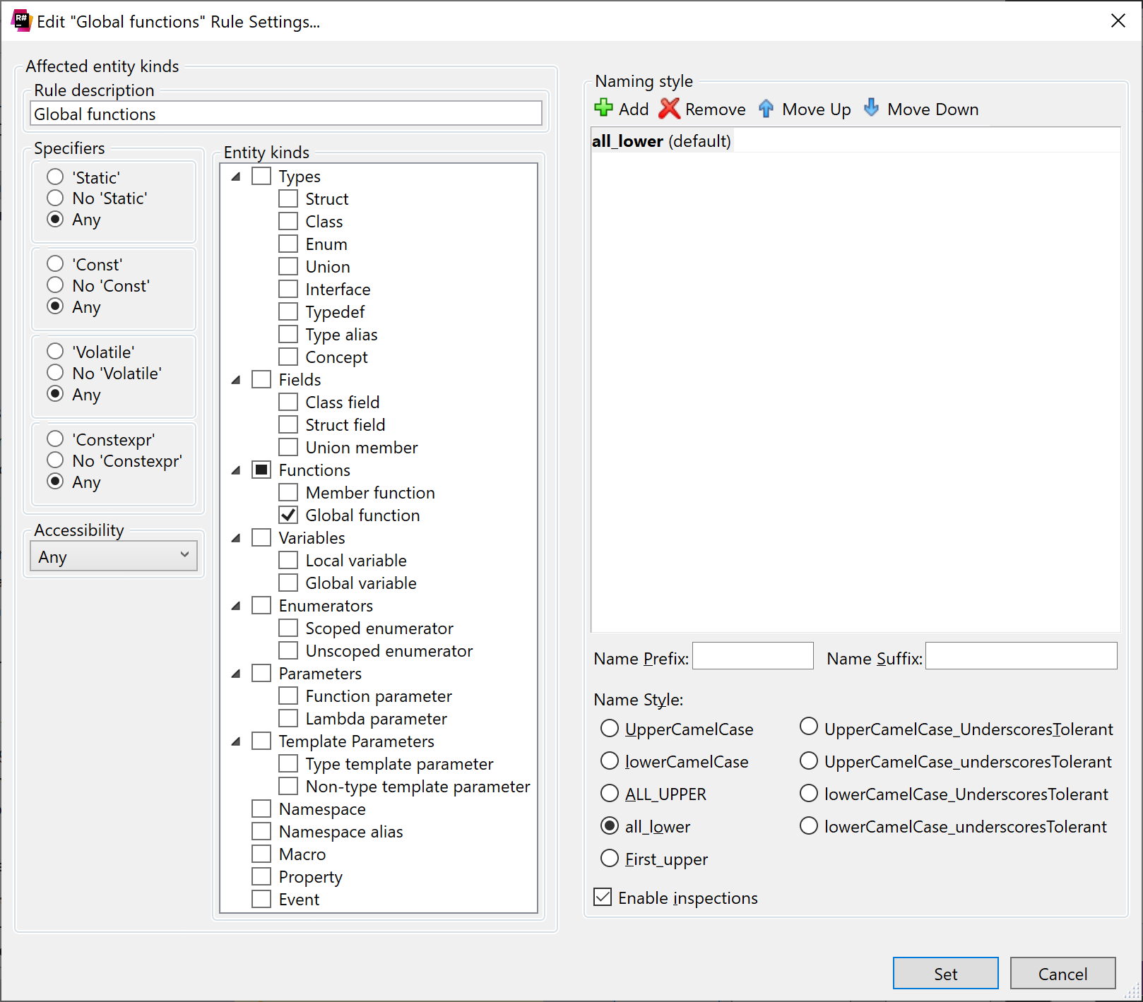 ReSharper: Configuring a C++ naming rule