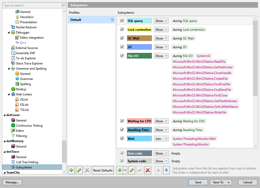 dotTrace options: dotTrace | Subsystems