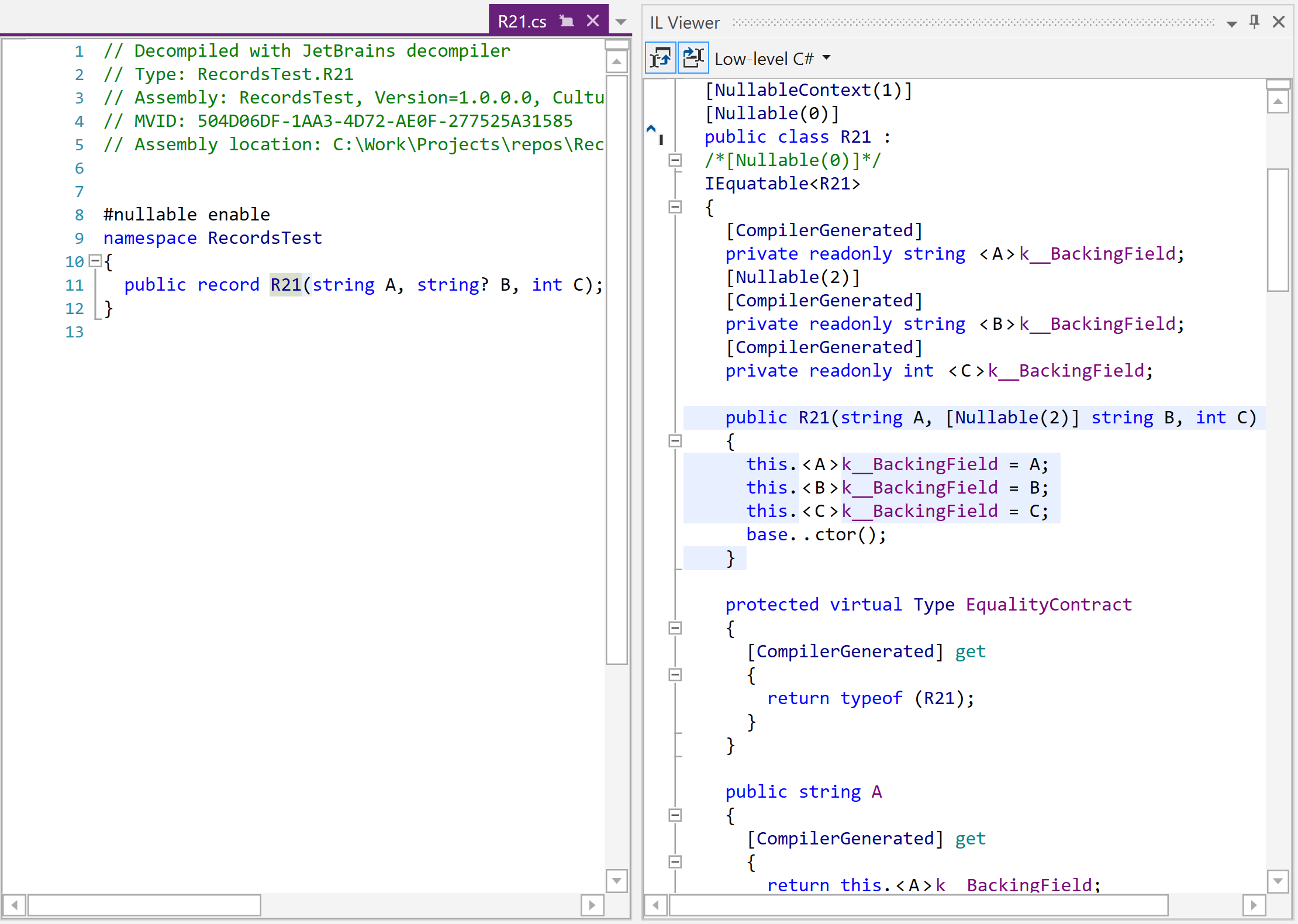 dotPeek: Comparing original and low-level C# code