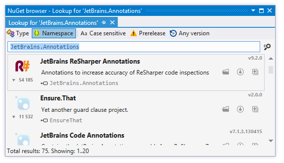 ReSharper's NuGet package browser