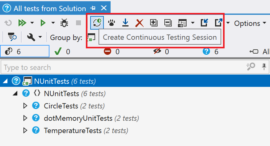 dotCover: Selecting continuous testing mode