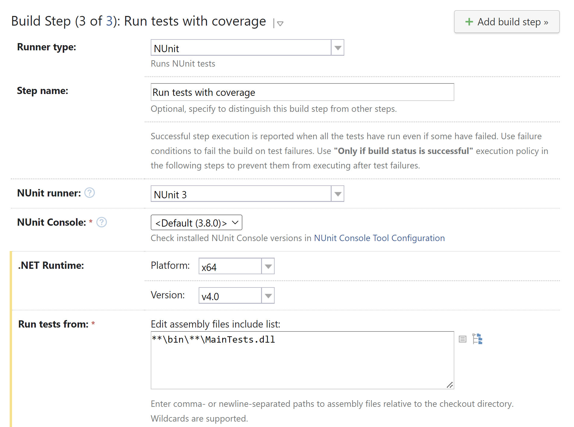 TeamCity build step: run tests