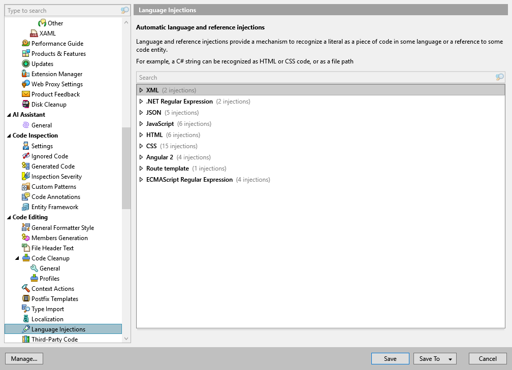 ReSharper options: Code Editing | Language Injections ReSharper options: Code Editing | Language Injections