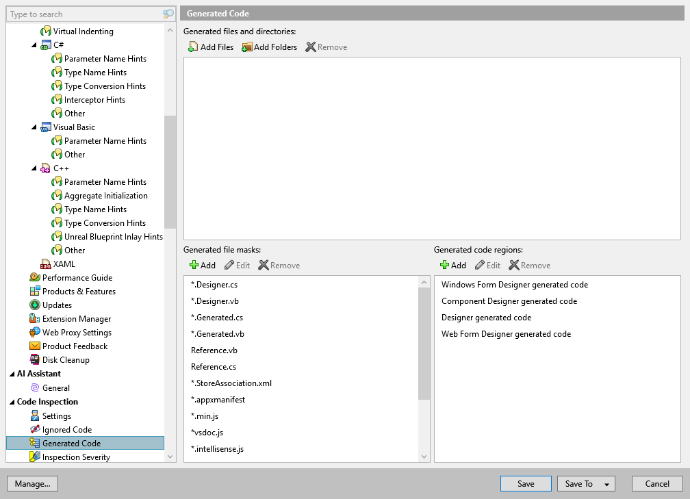 ReSharper options: Code Inspection | Generated Code ReSharper options: Code Inspection | Generated Code
