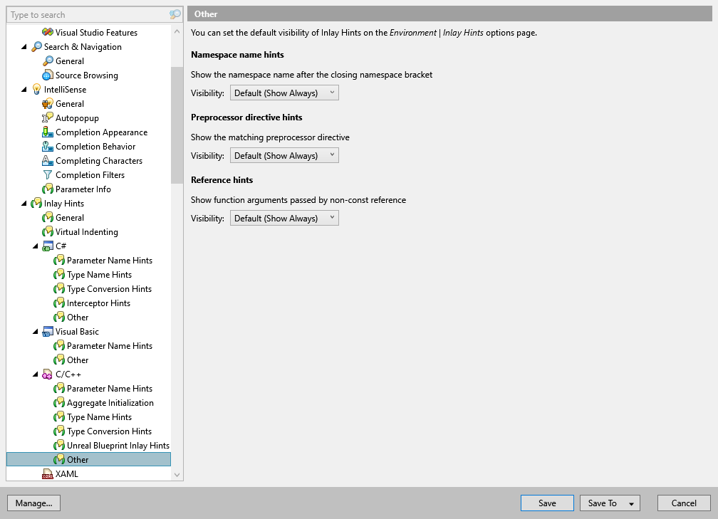 ReSharper options: Environment | Inlay Hints | C/C++ | Other ReSharper options: Environment | Inlay Hints | C/C++ | Other