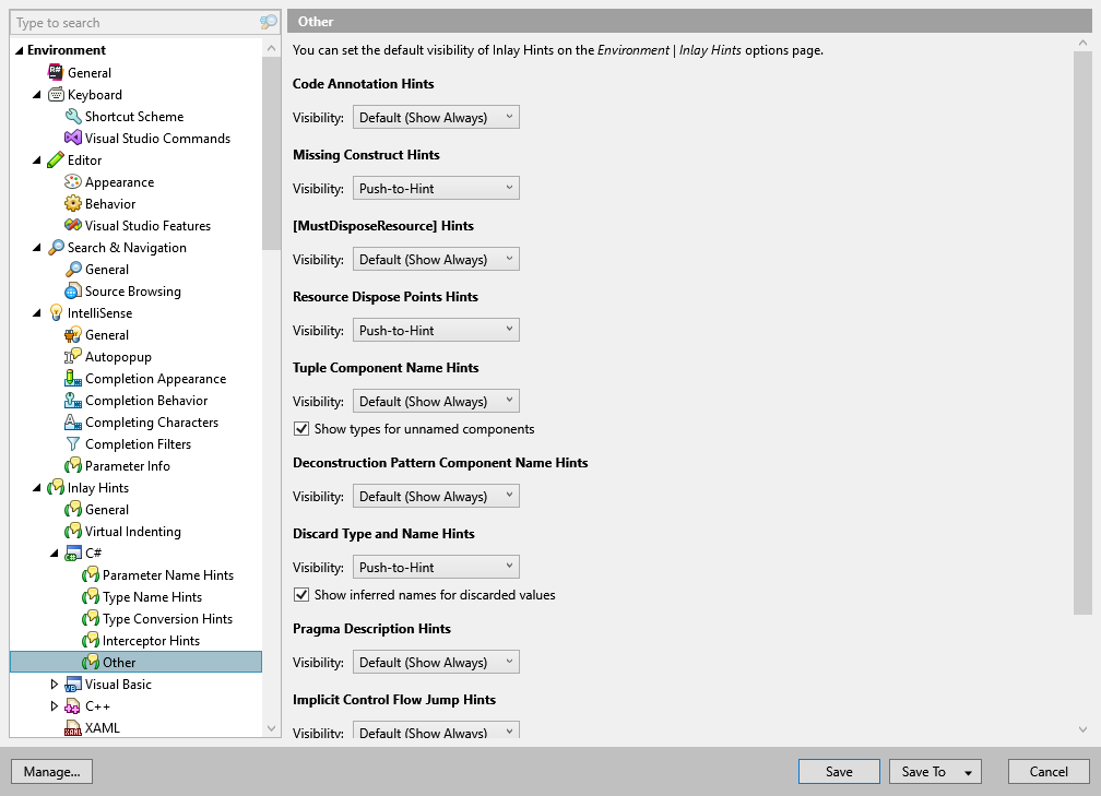 ReSharper options: Environment | Inlay Hints | C# | Other ReSharper options: Environment | Inlay Hints | C# | Other