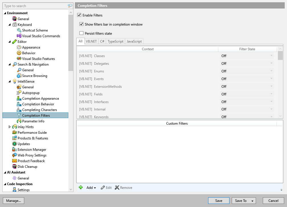 ReSharper options: Environment | IntelliSense | Completion Filters ReSharper options: Environment | IntelliSense | Completion Filters