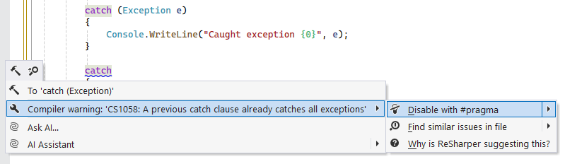 ReSharper: Disable a compiler warning with '#pragma'