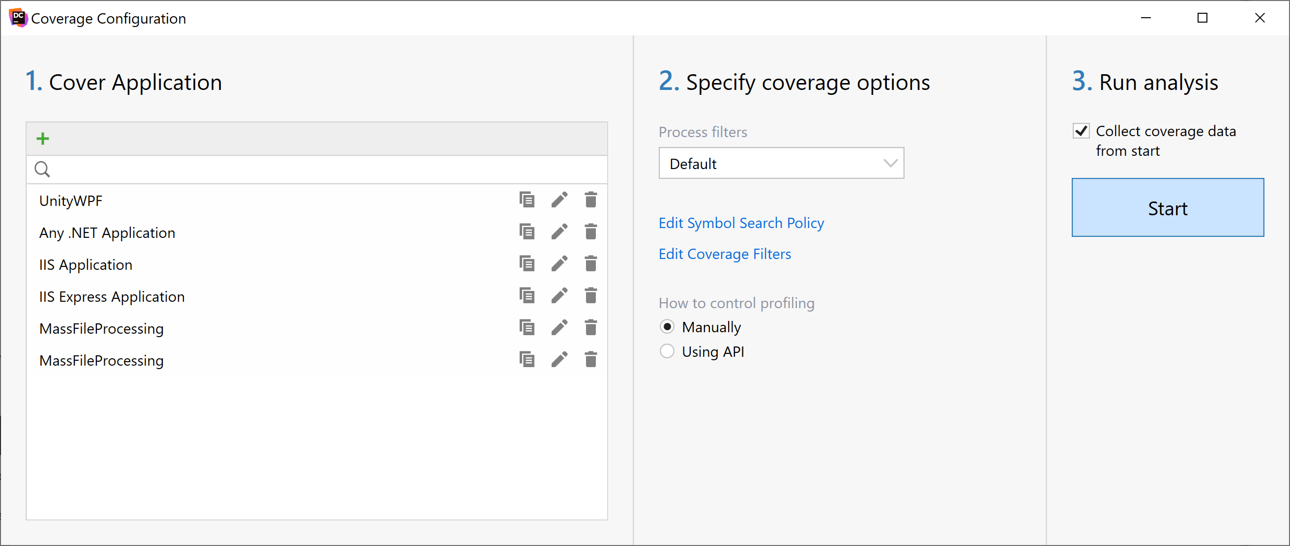 dotCover: Coverage Configuration dialog dotCover: Coverage Configuration dialog