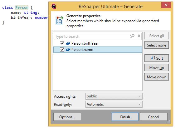 ReSharper. Generating properties for a TypeScript class ReSharper. Generating properties for a TypeScript class