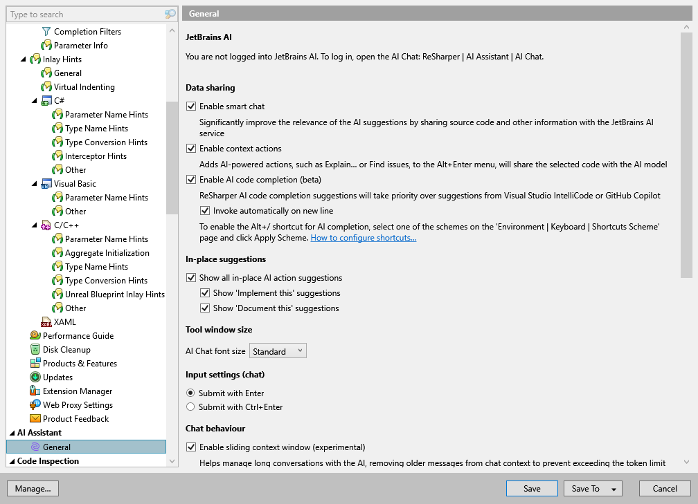 ReSharper 选项：AI 助手 | 常规