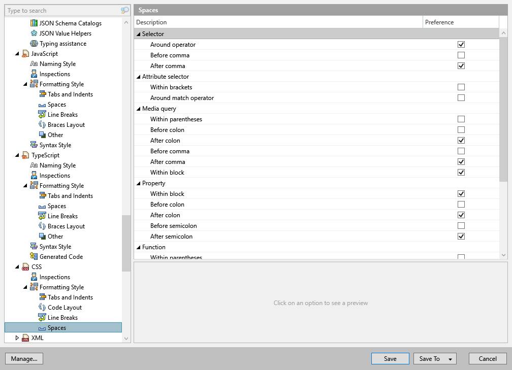 ReSharper options: Code Editing | CSS | Formatting Style | Spaces ReSharper options: Code Editing | CSS | Formatting Style | Spaces