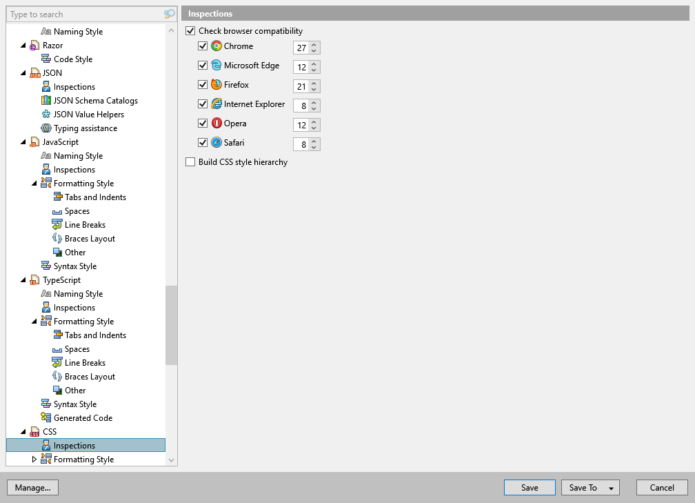 ReSharper options: Code Editing | CSS | Inspections ReSharper options: Code Editing | CSS | Inspections
