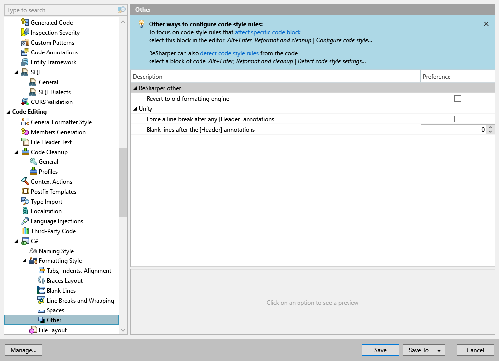 ReSharper options: Code Editing | C# | Formatting Style | Other ReSharper options: Code Editing | C# | Formatting Style | Other