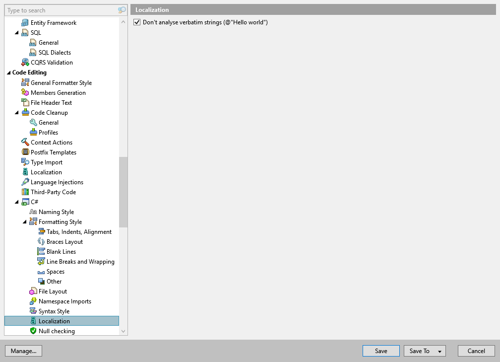 ReSharper options: Code Editing | C# | Localization