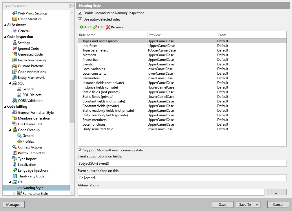 ReSharper options: Code Editing | C# | Naming Style