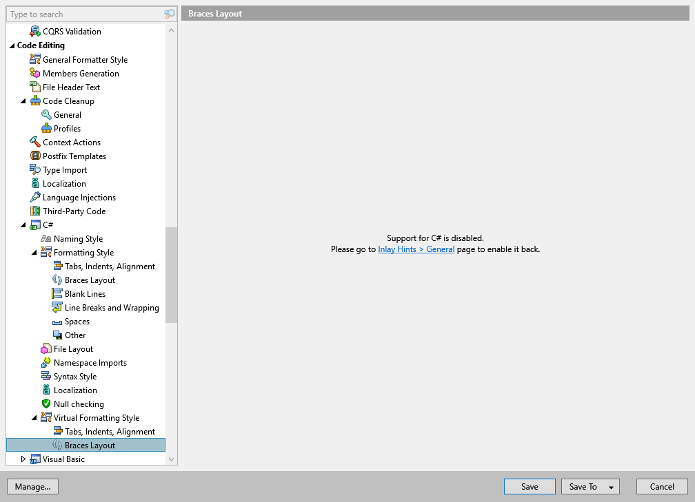 ReSharper options: Code Editing | C# | Virtual Formatting Style | Braces Layout ReSharper options: Code Editing | C# | Virtual Formatting Style | Braces Layout