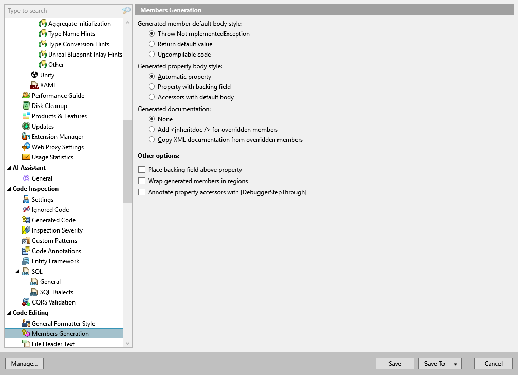 ReSharper 选项：代码编辑 | 成员生成