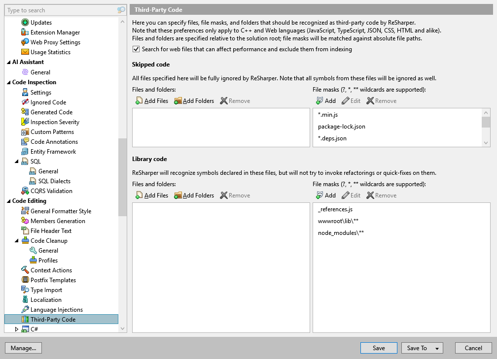 ReSharper options: Code Editing | Third-Party Code ReSharper options: Code Editing | Third-Party Code
