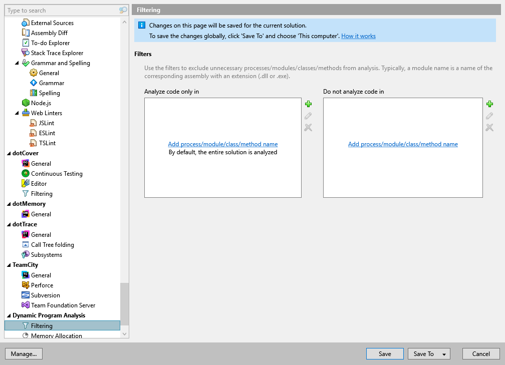 ReSharper options: Dynamic Program Analysis | Filtering ReSharper options: Dynamic Program Analysis | Filtering