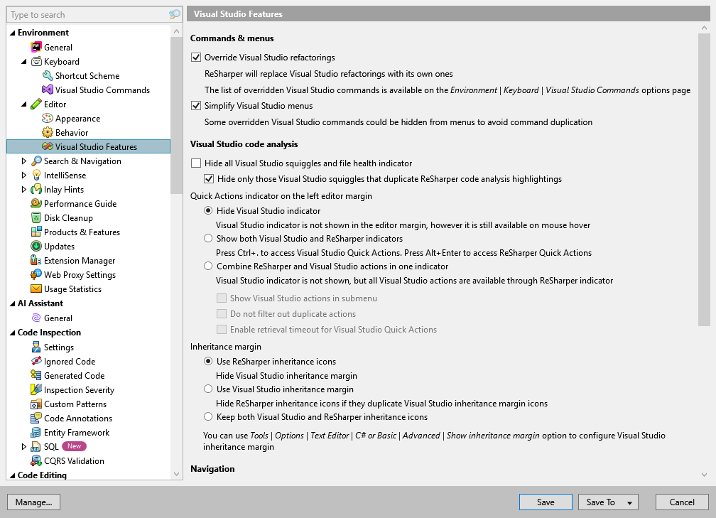 ReSharper 选项：Environment | Editor | Visual Studio 功能