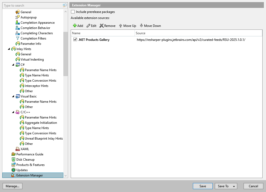 ReSharper 选项：环境 | 扩展管理器