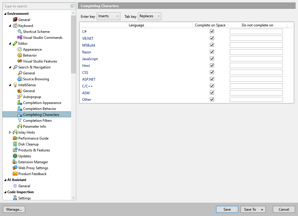 ReSharper options: Environment | IntelliSense | Completing Characters ReSharper options: Environment | IntelliSense | Completing Characters