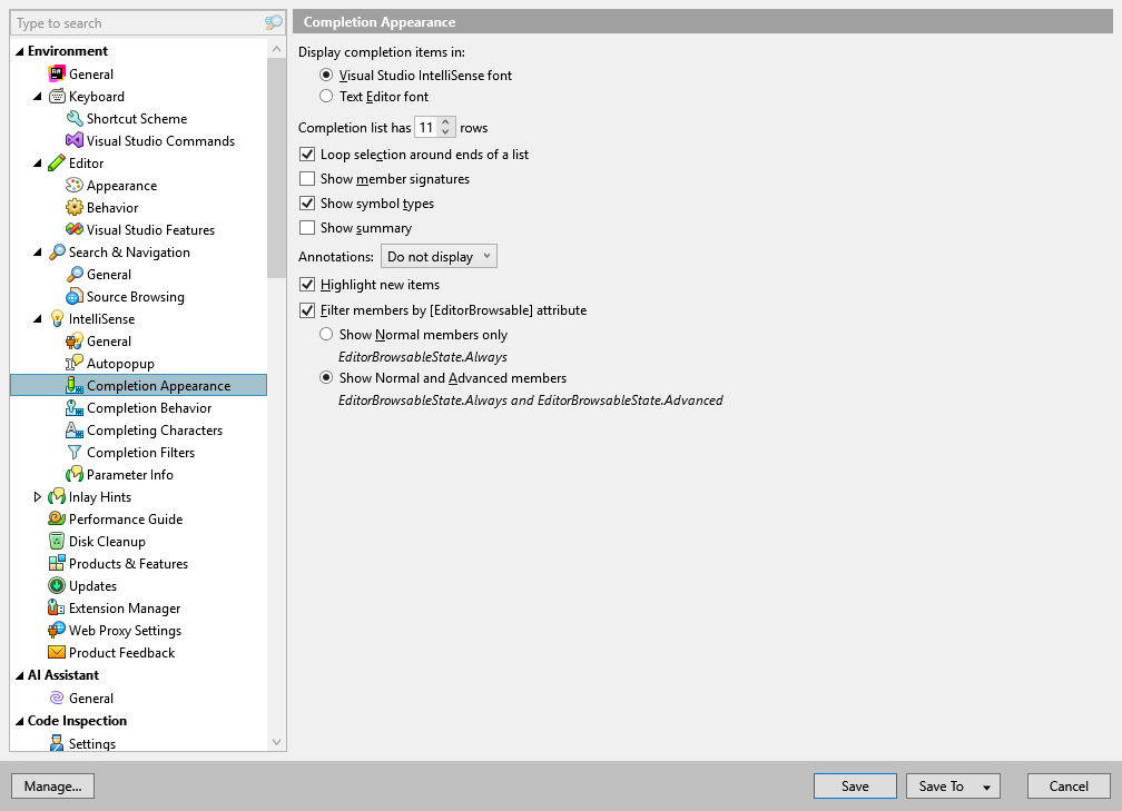ReSharper options: Environment | IntelliSense | Completion Appearance