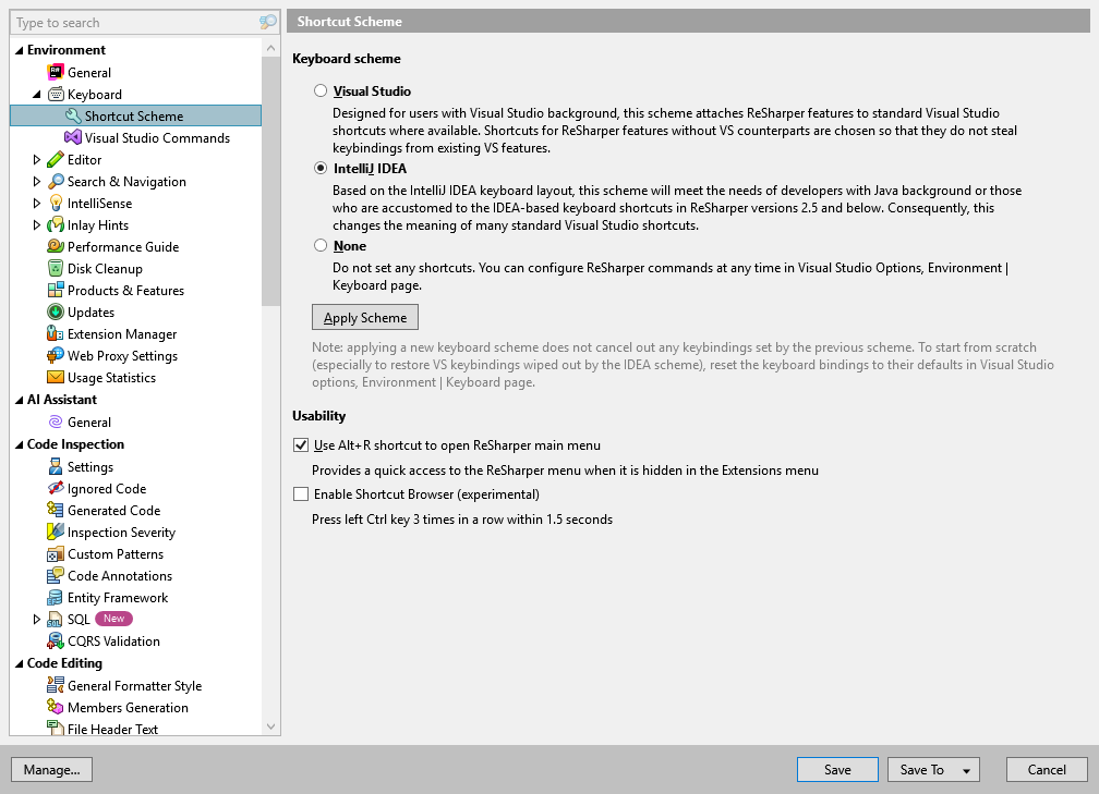 ReSharper 选项：环境 | 键盘 | 快捷键方案