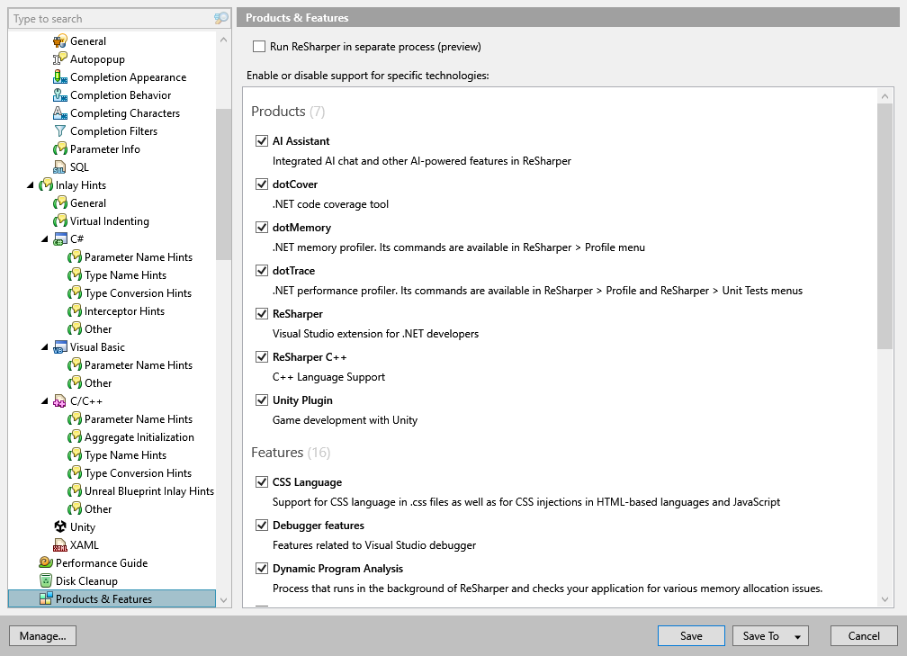 ReSharper options: Environment | Products & Features ReSharper options: Environment | Products & Features