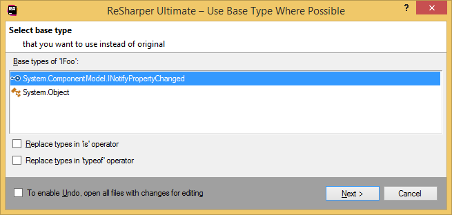 ReSharper: 可能な限り基本型を使用するリファクタリング ReSharper: Use Base Type Where Possible refactoring