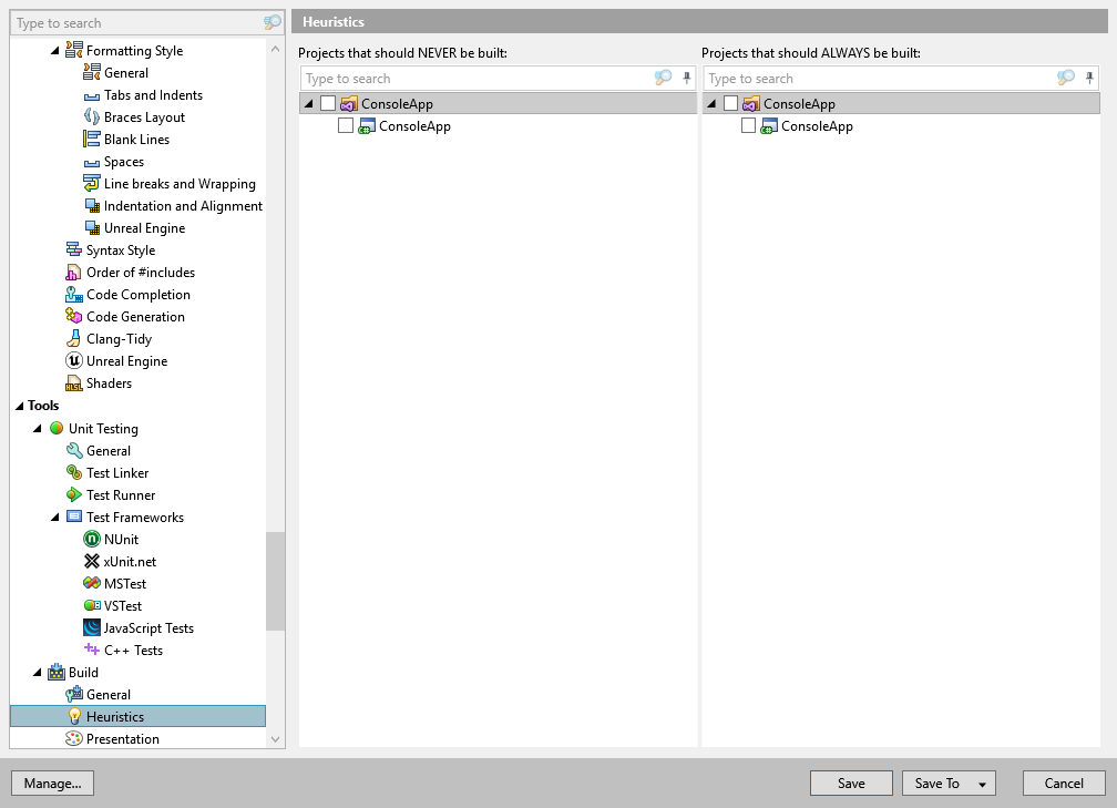 dotCover 选项：工具 | 构建 | 启发式方法