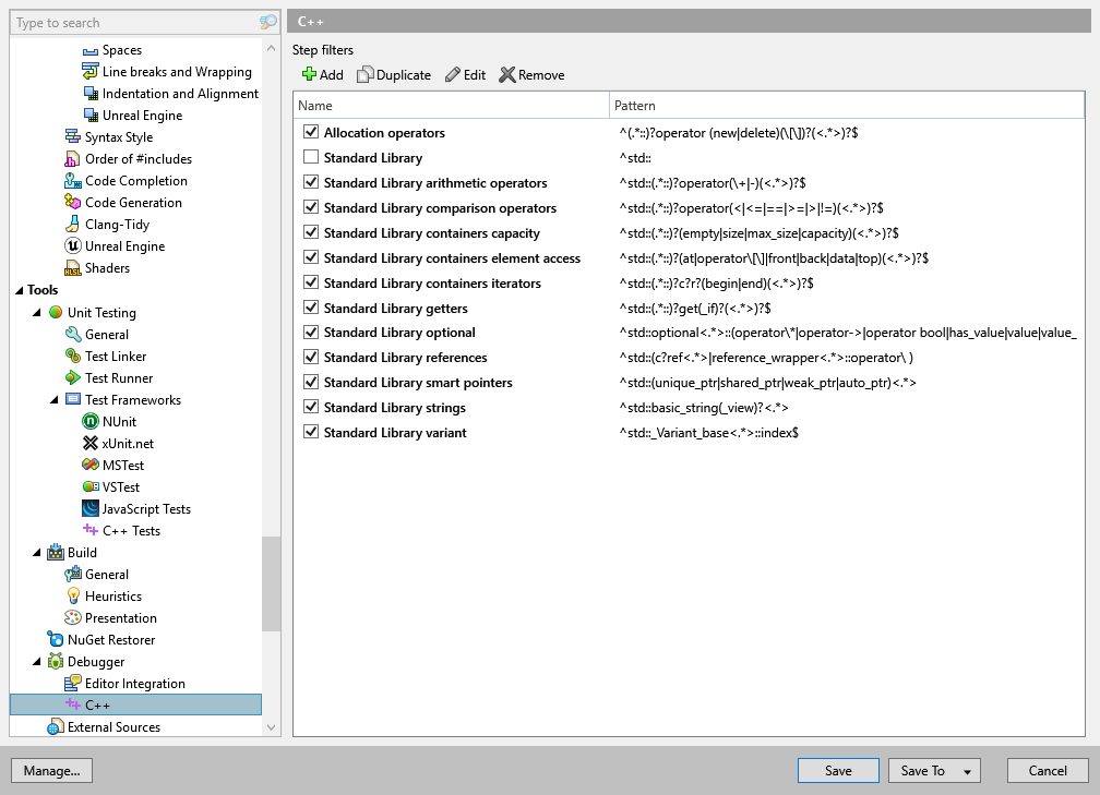 ReSharper 选项：工具 | 调试器 | C++