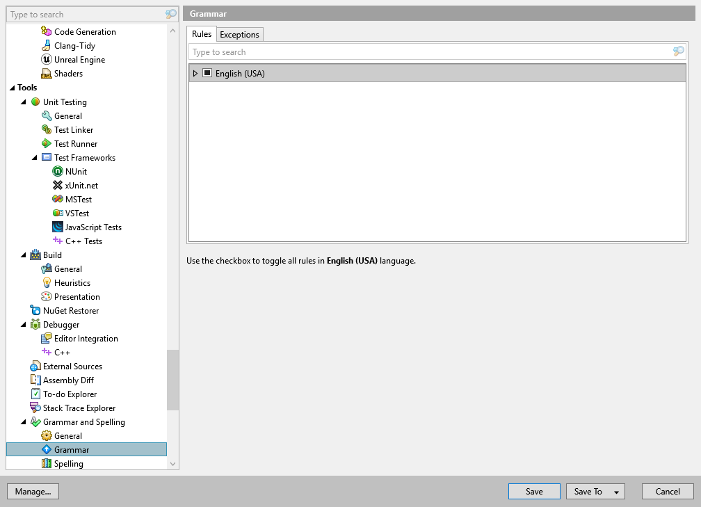 ReSharper 选项：工具 | 语法和拼写 | 语法