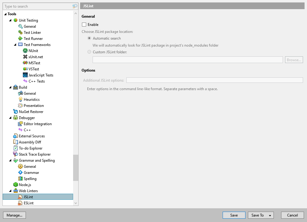 ReSharper options: Tools | Web Linters | JSLint ReSharper options: Tools | Web Linters | JSLint