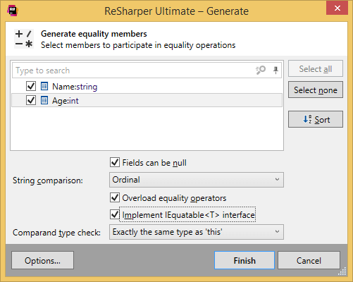 ReSharper：生成相等成员