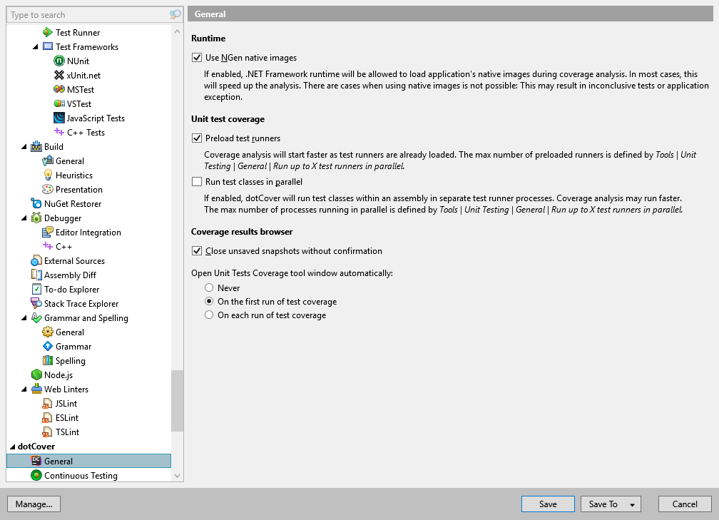 dotCover 选项：dotCover | 常规